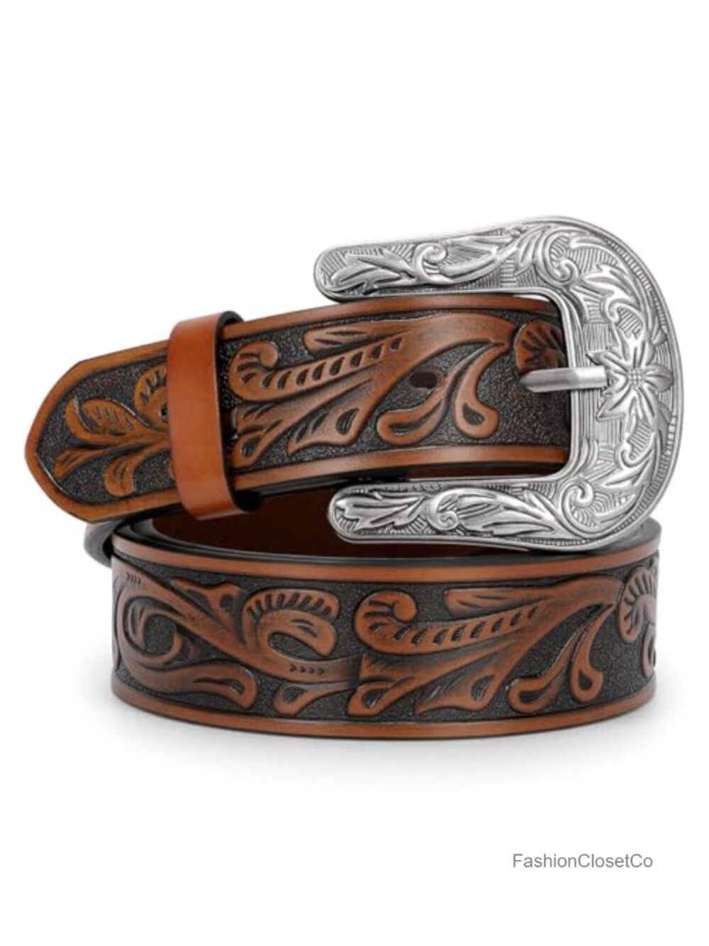 Western Leather Belt Floral Engraved Tooled Buckle for Jeans Pants Rodeo